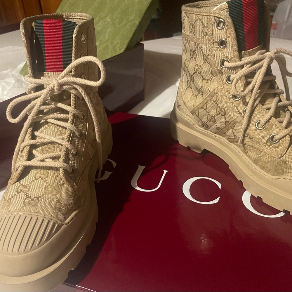 Gucci Beige Monogram Boots with Red and Green Accents and Gucci beanie Hat